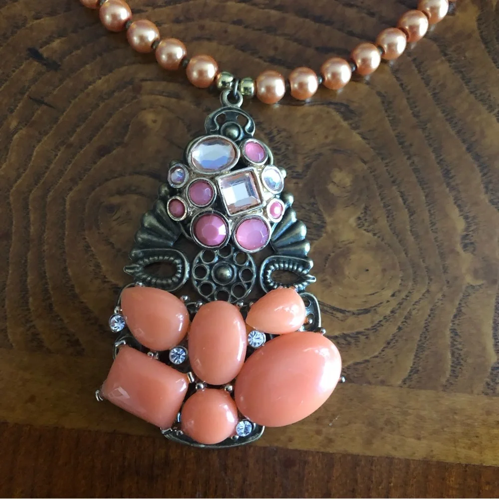 Handcrafted repurpose stone covered filigree pendant Czech glass Pearl necklace